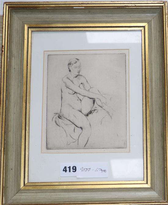 English School, etching, Study of a seated female nude, 16 x 13cm